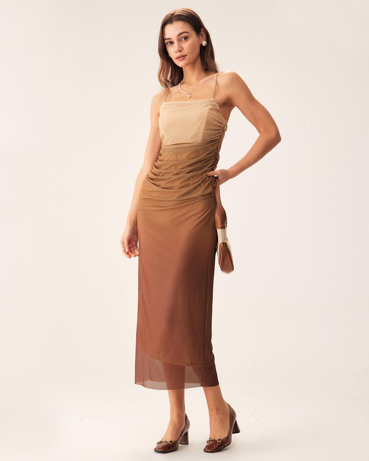 Brown Ruched Mesh Slip Midi Dress Product Image