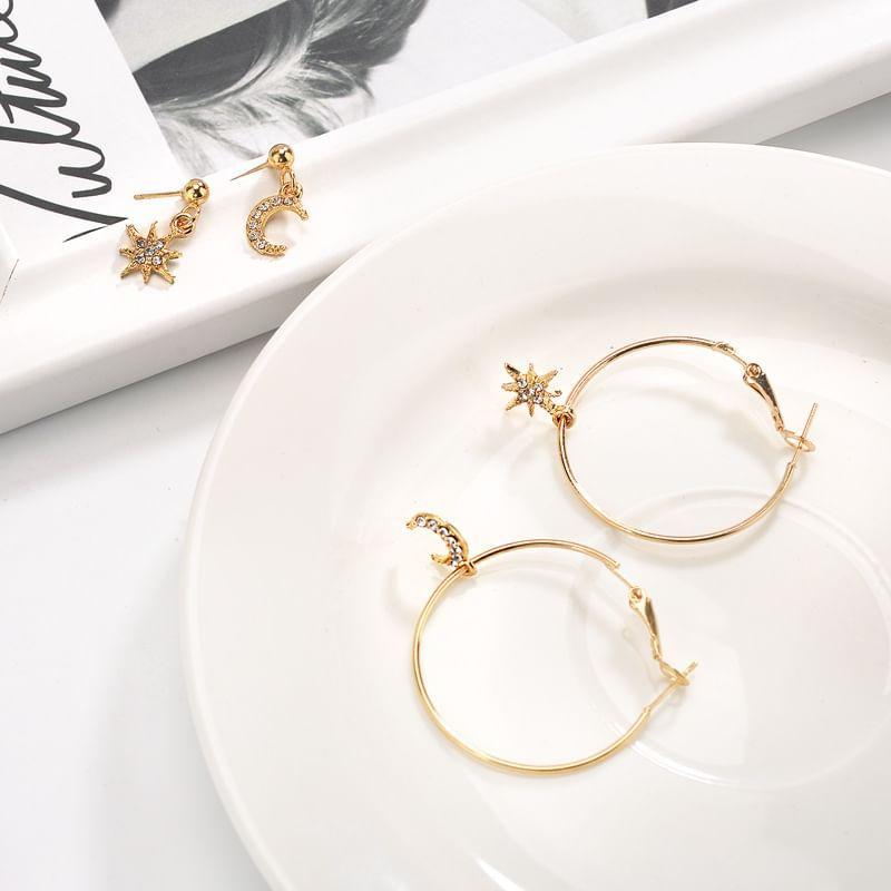 Set of 3: Star Rhinestone Alloy Drop Earring + Moon Rhinestone Alloy Drop Earring + Star Rhinestone Alloy Hoop Earring Product Image