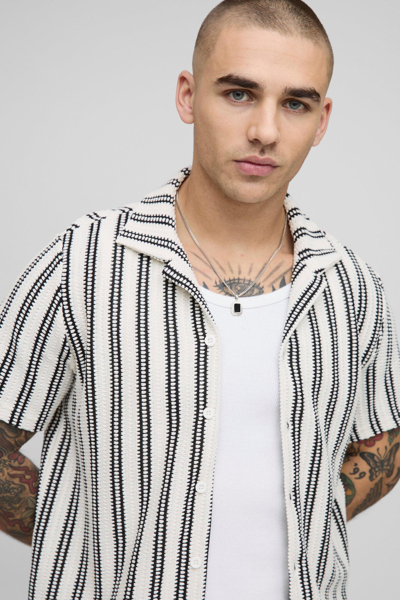 Regular Fit Textured Stripe Revere Collar Jersey Shirt and Shorts Set | boohooMAN USA Product Image