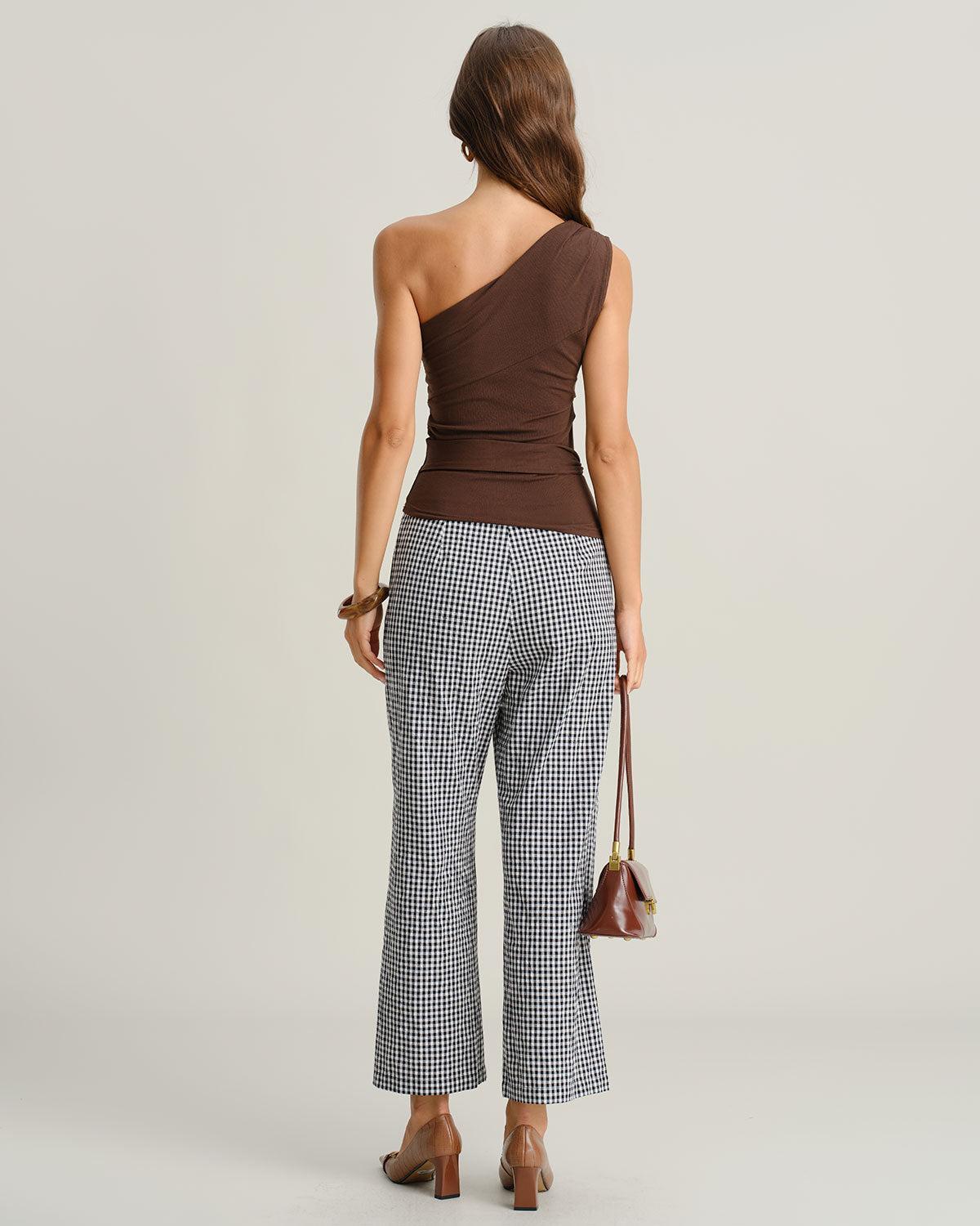 Black Plaid Natural Waisted Straight Pants Product Image