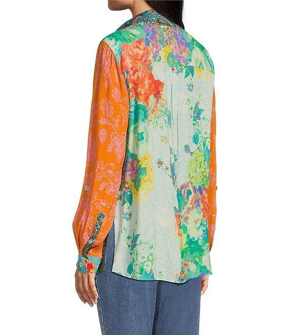 John Mark Multi Print Point Collar Long Roll-Tab Sleeve Button Front Top Product Image