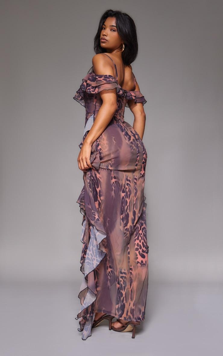 Brown Animal Print Cold Shoulder Ruffle Detail Maxi Dress Product Image