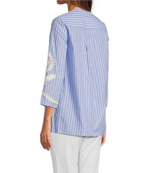 Calessa Petite Size Embroidered Patchwork Pinstripe Split V-Neck 3/4 Sleeve Tunic Product Image