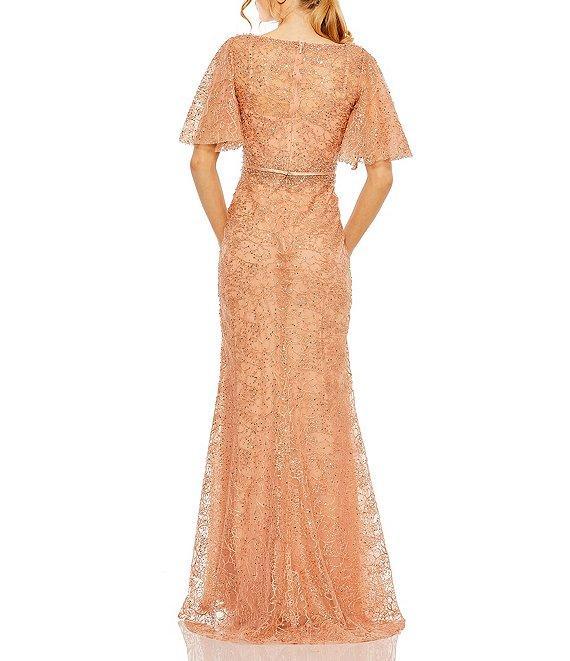 Mac Duggal Beaded Illusion Neckline Short Butterfly Sleeve Gown Product Image