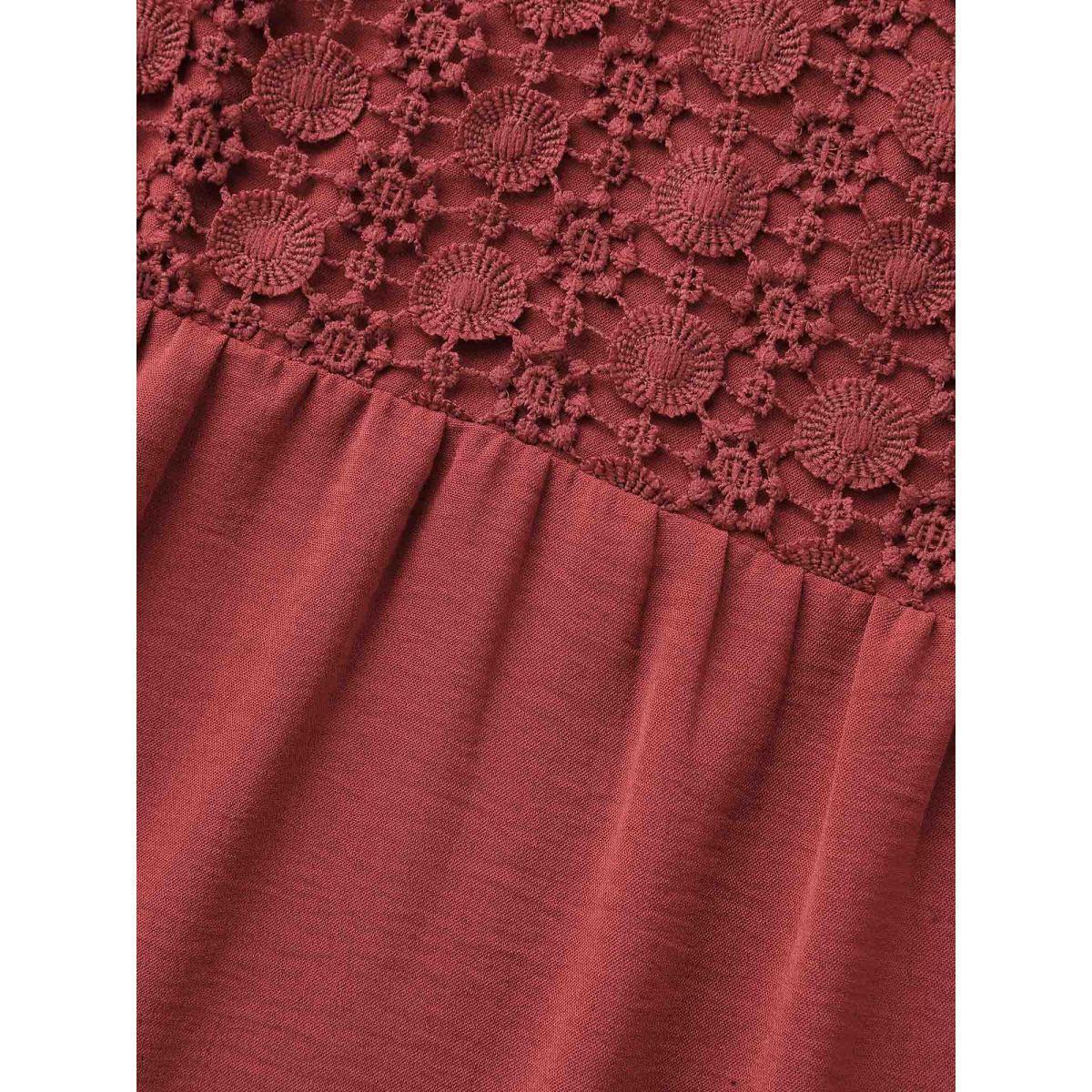 Plus Size Russet Notched Lace Panel Tab Sleeve Blouse Women Elegant Elbow-length sleeve Flat collar with V-notch Everyday Blouses BloomChic 28/5X Product Image