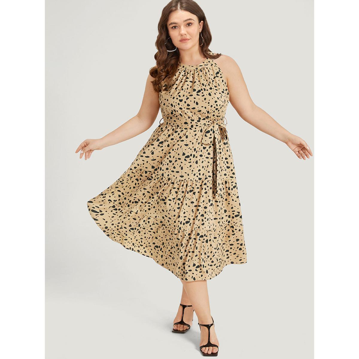 Plus Size Leopard Print Halter Pocket Belted Ruffle Hem Dress Bronze Women Elegant Gathered Halter neck Sleeveless Curvy Midi Dress BloomChic 22-24/3X Product Image