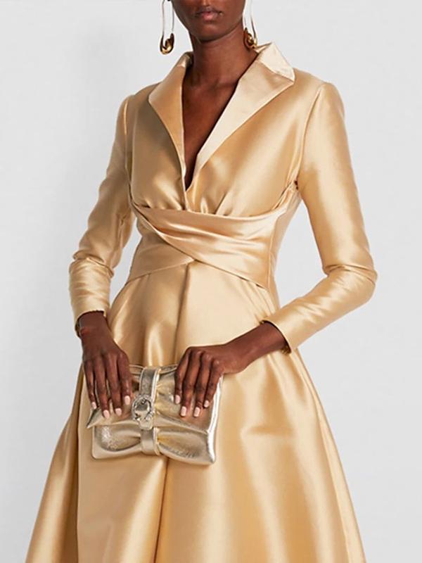 A-Line High Waisted Pleated Solid Color V-Neck Maxi Dresses Product Image