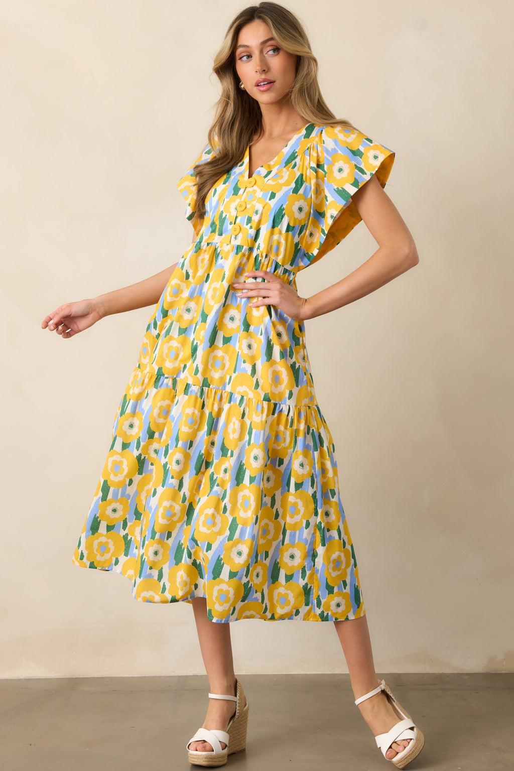 Daisy Date Night Yellow Floral Cotton Midi Dress Product Image