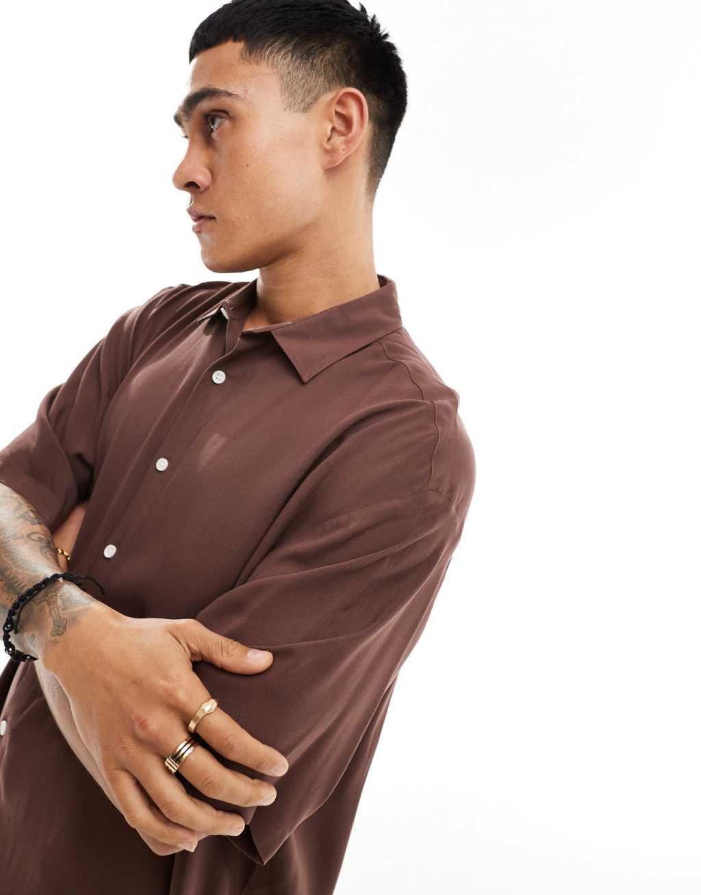 ASOS DESIGN oversized viscose shirt in light brown Product Image