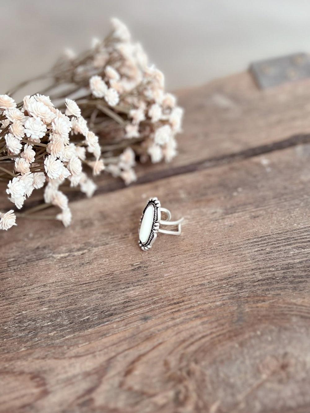 White Turquoise Oval Adjustable Ring Product Image