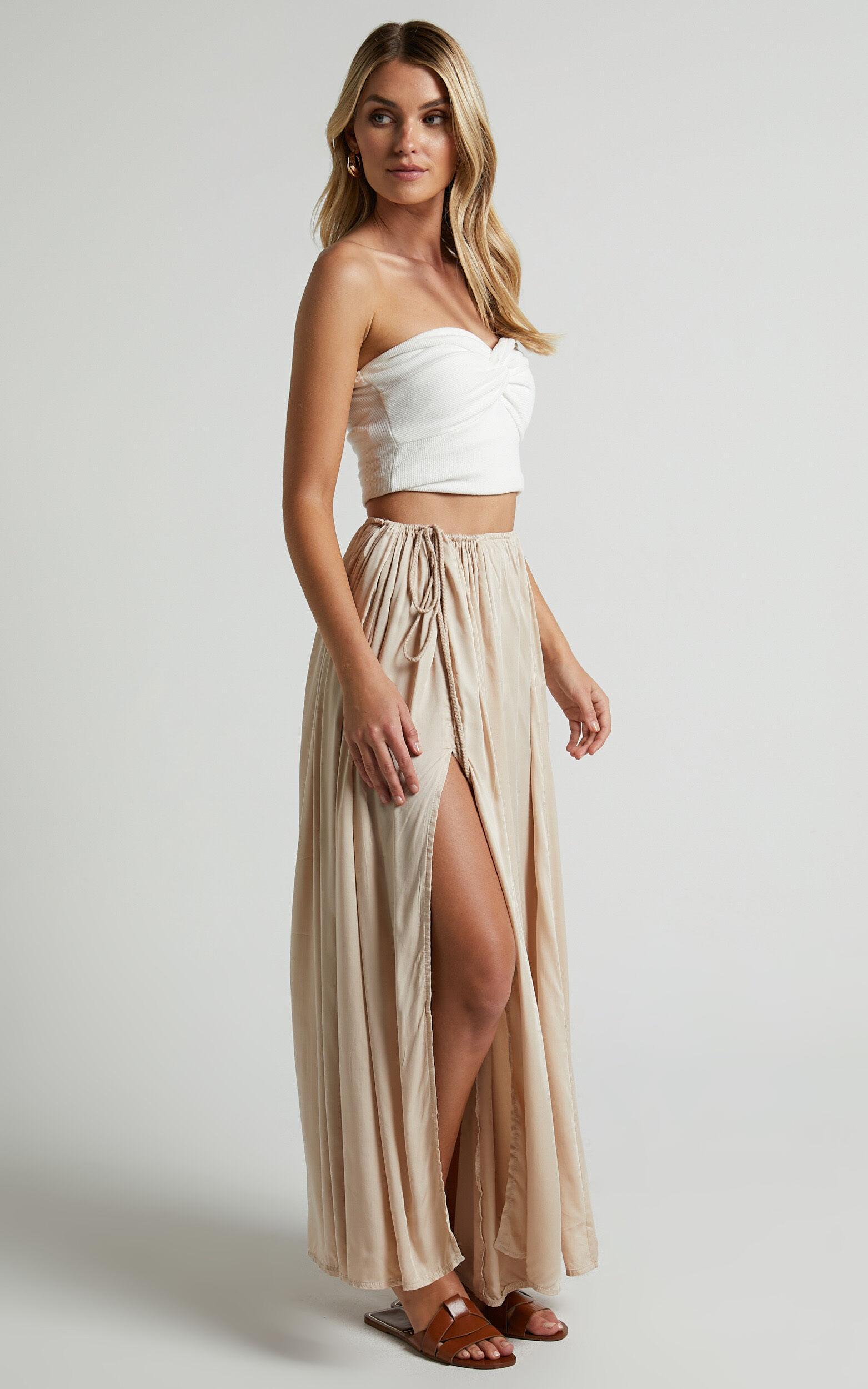 Under The Twilight Maxi Skirt - Thigh Split Skirt in Beige Product Image
