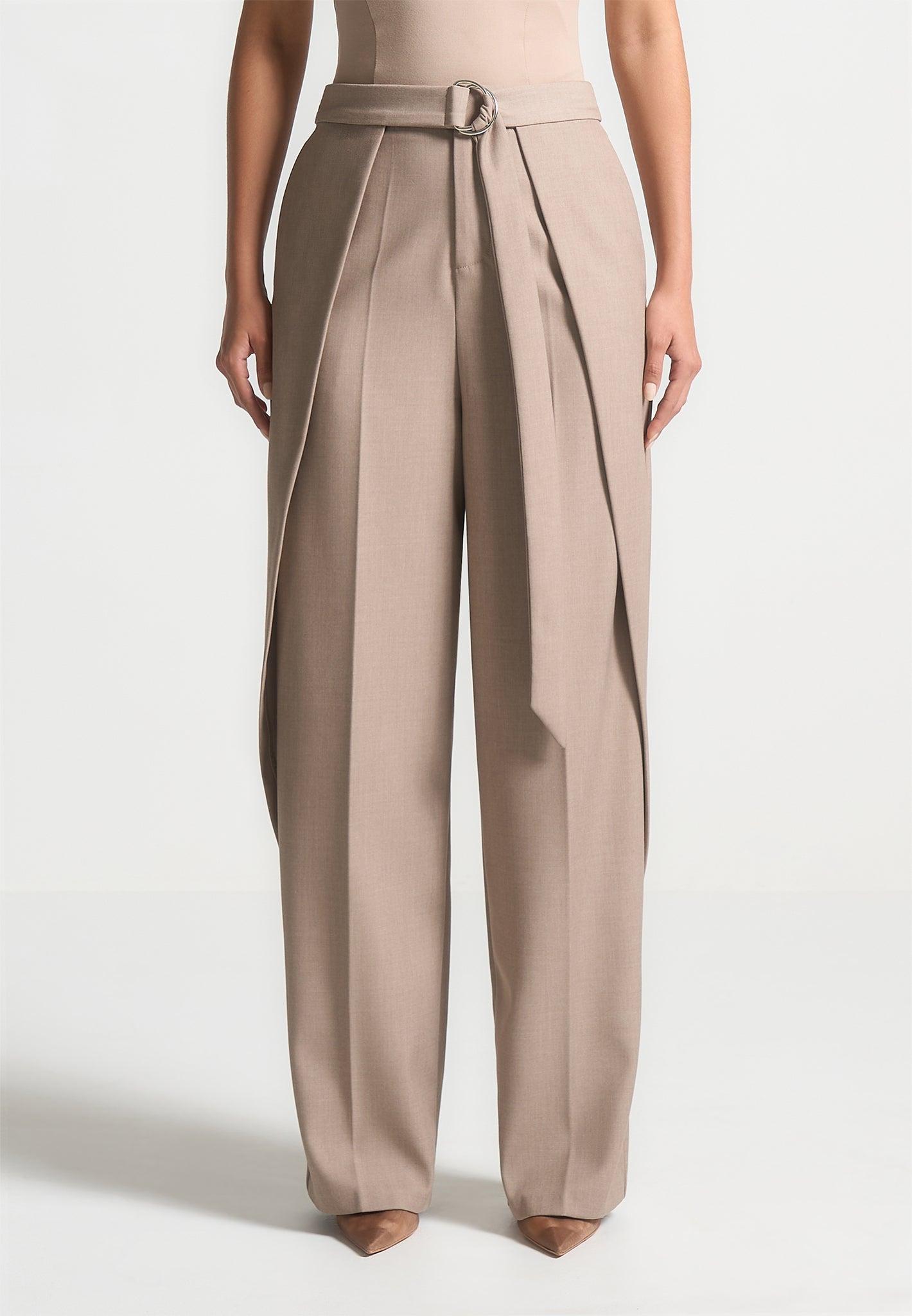 Foldover Tailored Trousers with D-Ring Belt - Taupe Female Product Image