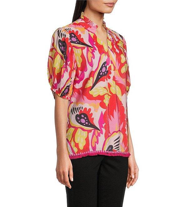 Calessa Petite Size Woven Modern Abstract Print Ruffled Split V-Neck Short Sleeve Tunic Product Image