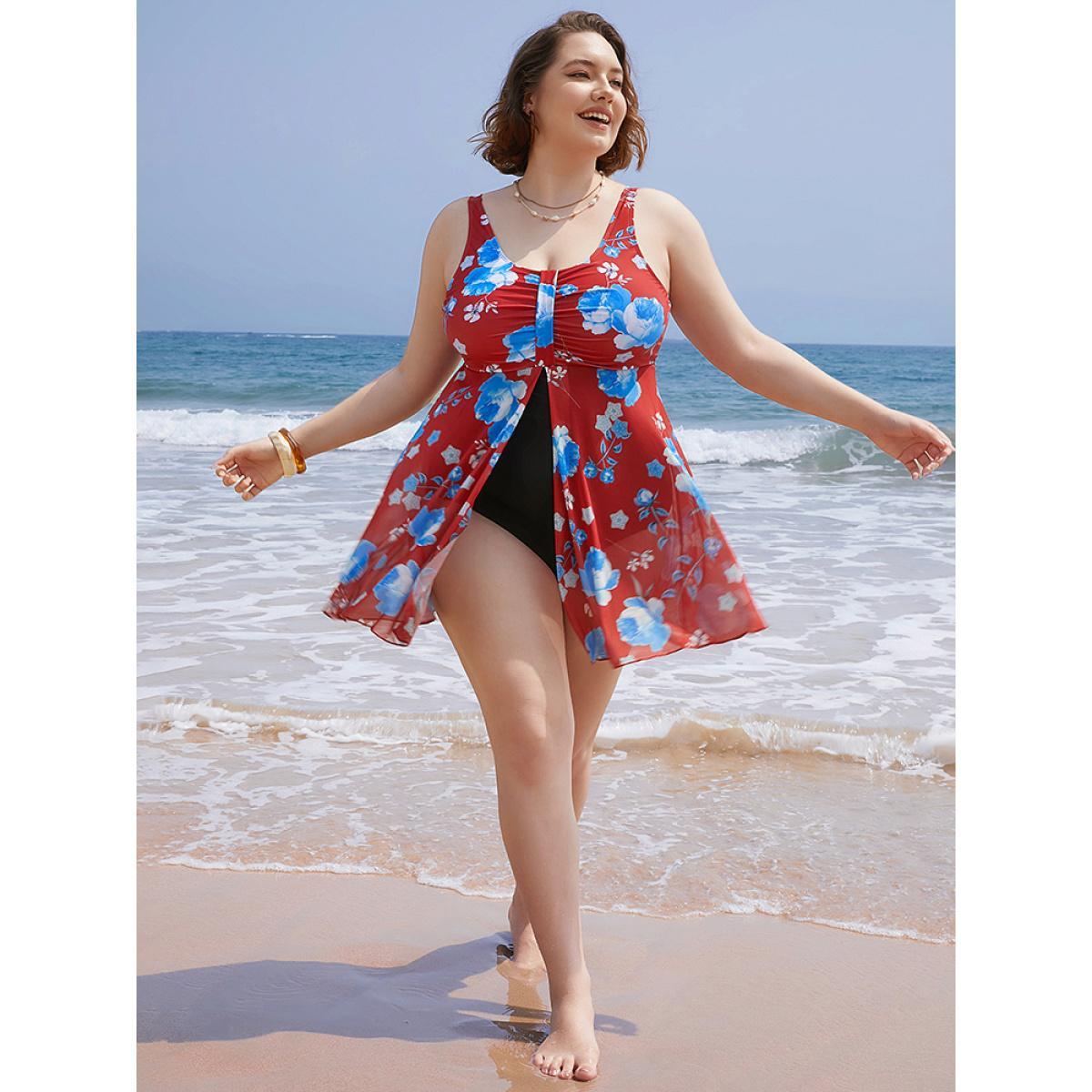 Plus Size Floral Print Split Front Ruched A Line Swim Dress Women's Swimwear Red Vacation Bodycon Round Neck High stretch Curve Swim Dresses BloomChic 28/5X Product Image