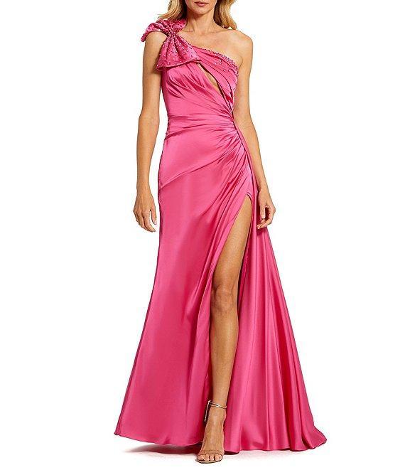 Mac Duggal One Shoulder Beaded Bow Ruched Satin Column Gown Product Image