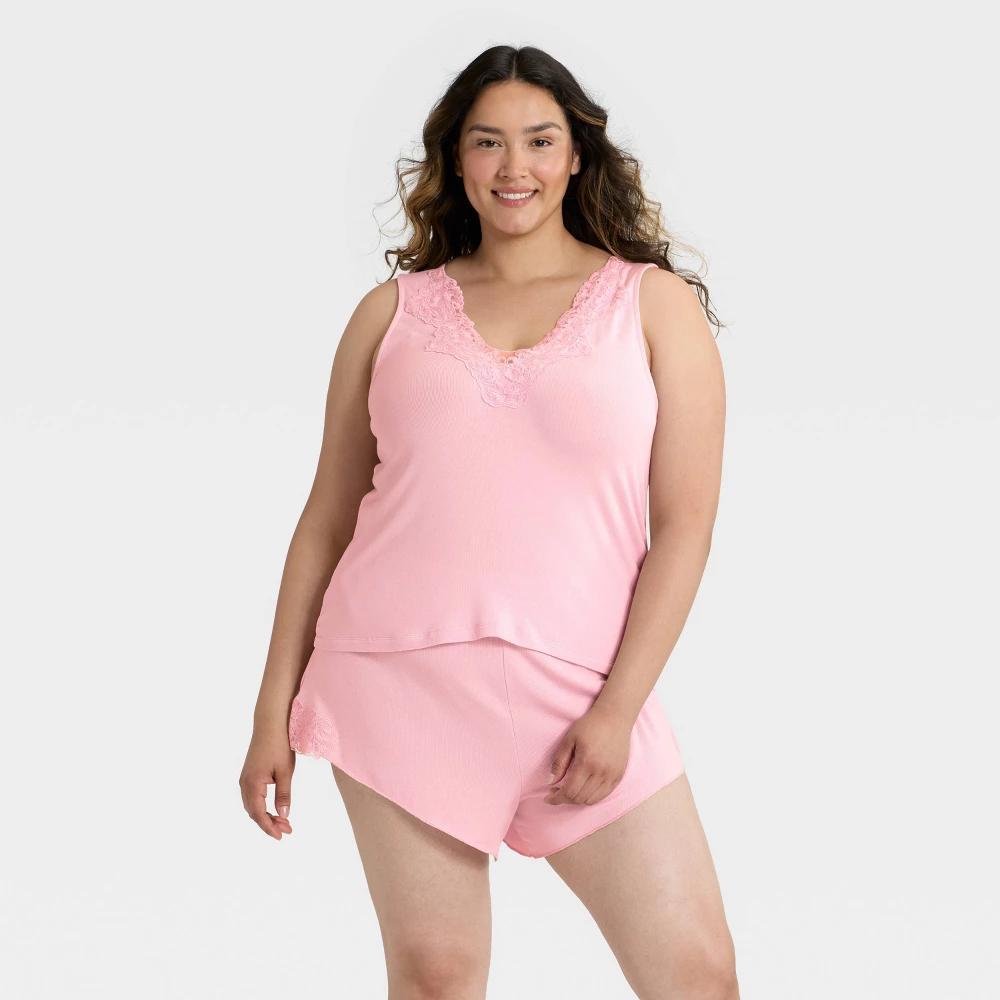 Women's Lace Trim Ribbed Tank Top and Shorts Pajama Set - Auden™ Light Gray 4X Product Image
