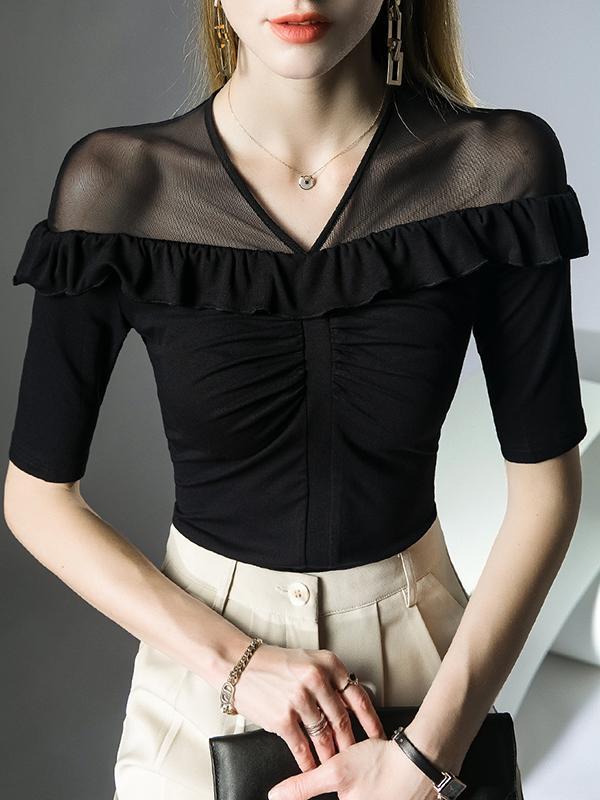 Half Sleeves Skinny Pleated Ruffle Trim Solid Color Split-Joint V-Neck T-Shirts Tops Product Image