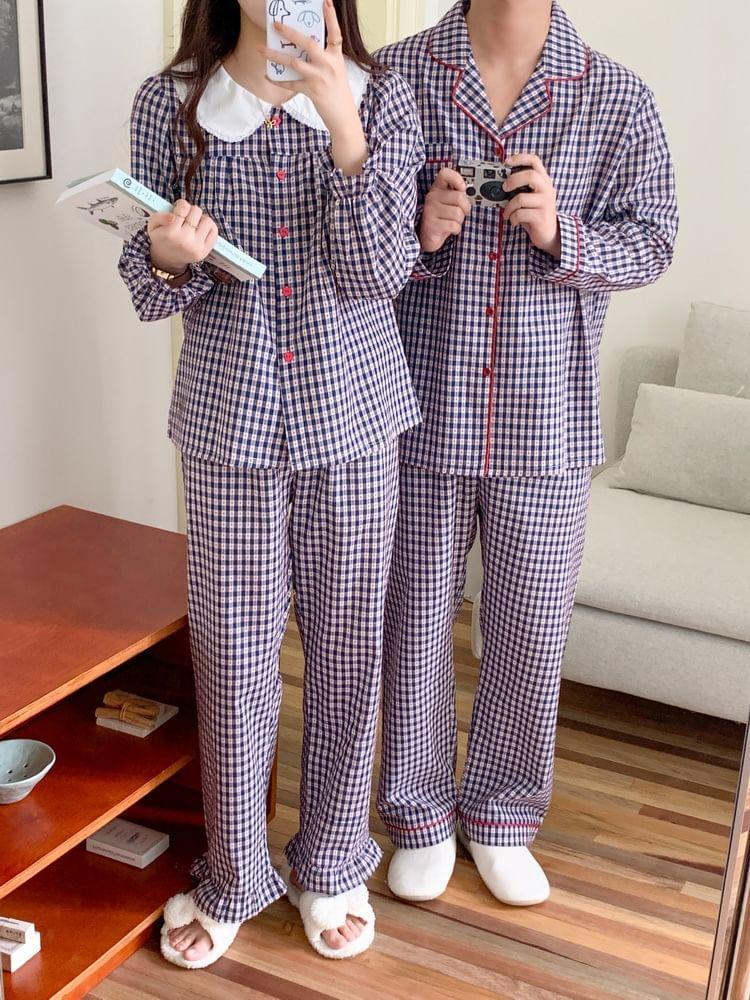 Couple Matching Pajama Set:  Long-Sleeve Collar Plaid Button Top + Pants (Various Designs) Product Image