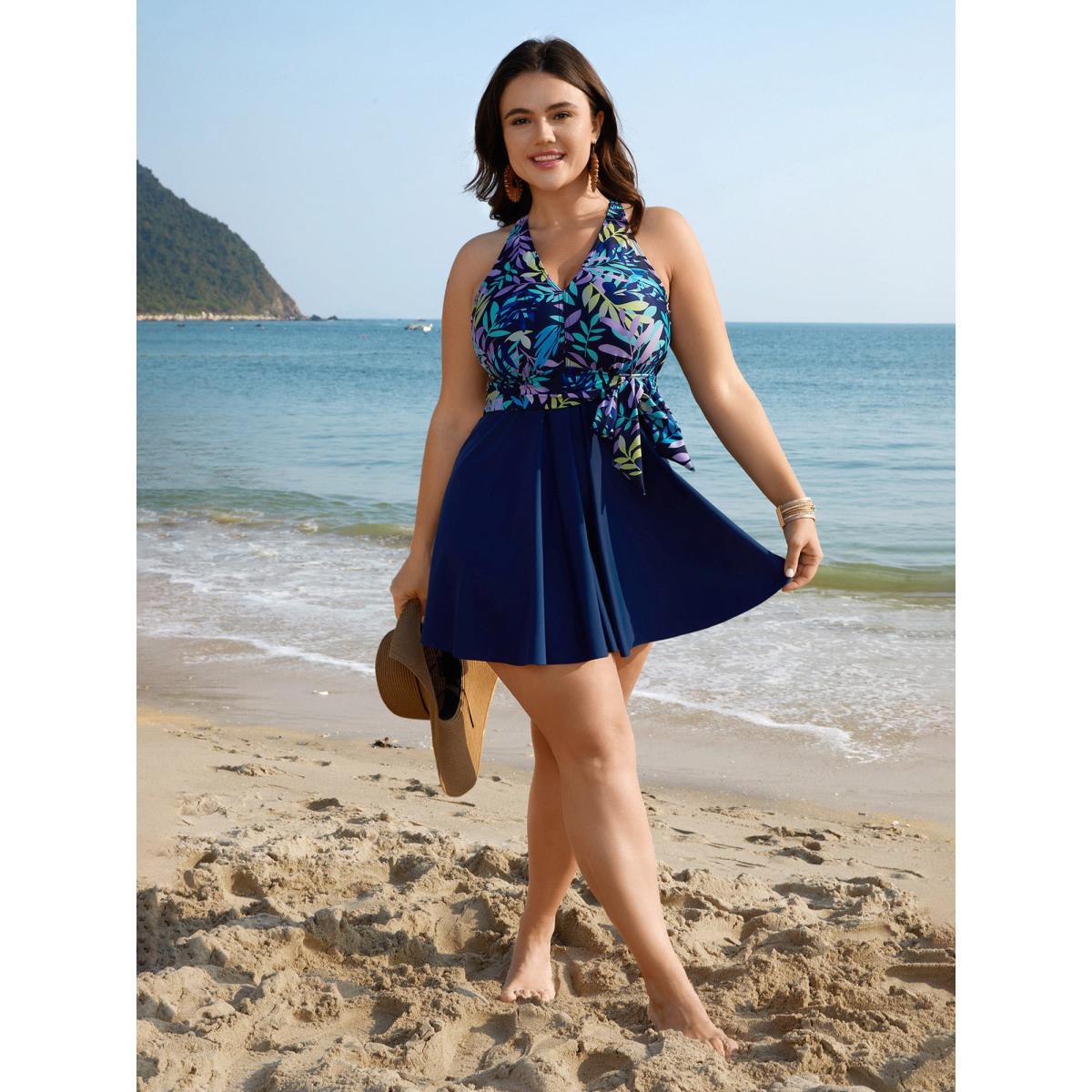 Plus Size Tropical Flowers Lace Tied Swim Dress Women's Swimwear Aegean Beach Bodycon V-neck High stretch Curve Swim Dresses BloomChic 14-16/1X Product Image