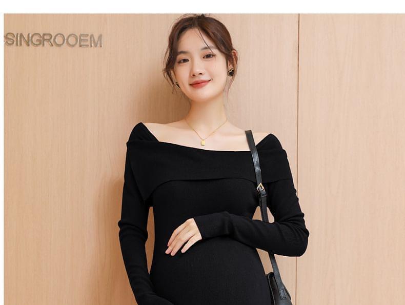 Maternity Long-Sleeve Square Neck Plain Midi Sheath Dress Product Image