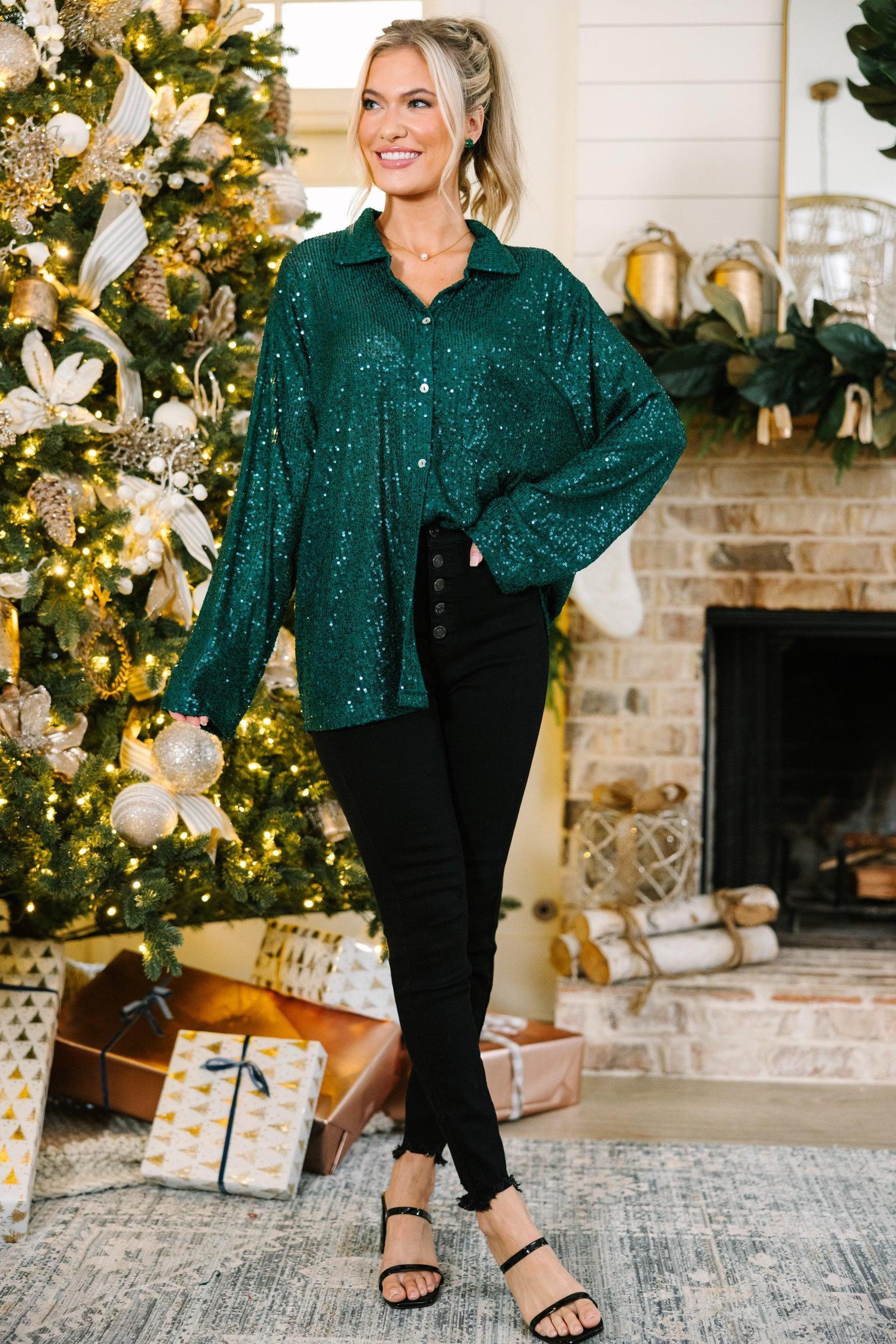 It's A Long Story Deep Green Sequin Blouse Female Product Image