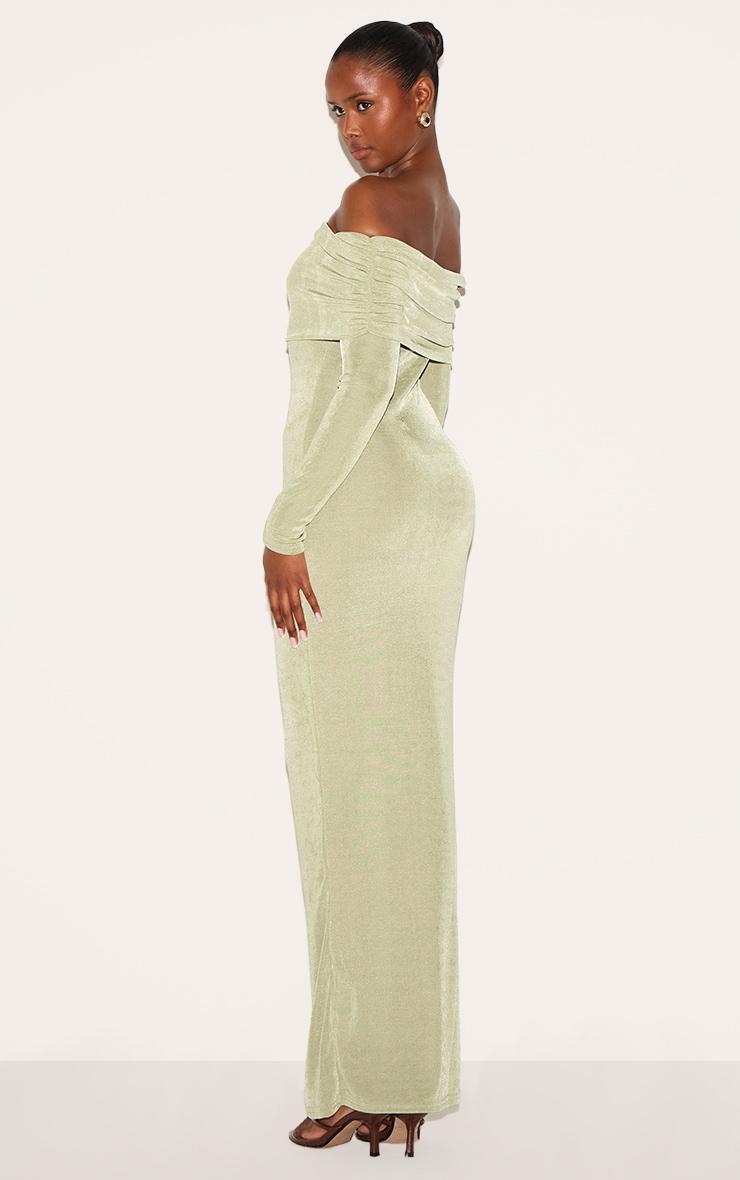 Sage Green Acetate Slinky Bardot Long Sleeve Maxi Dress Product Image