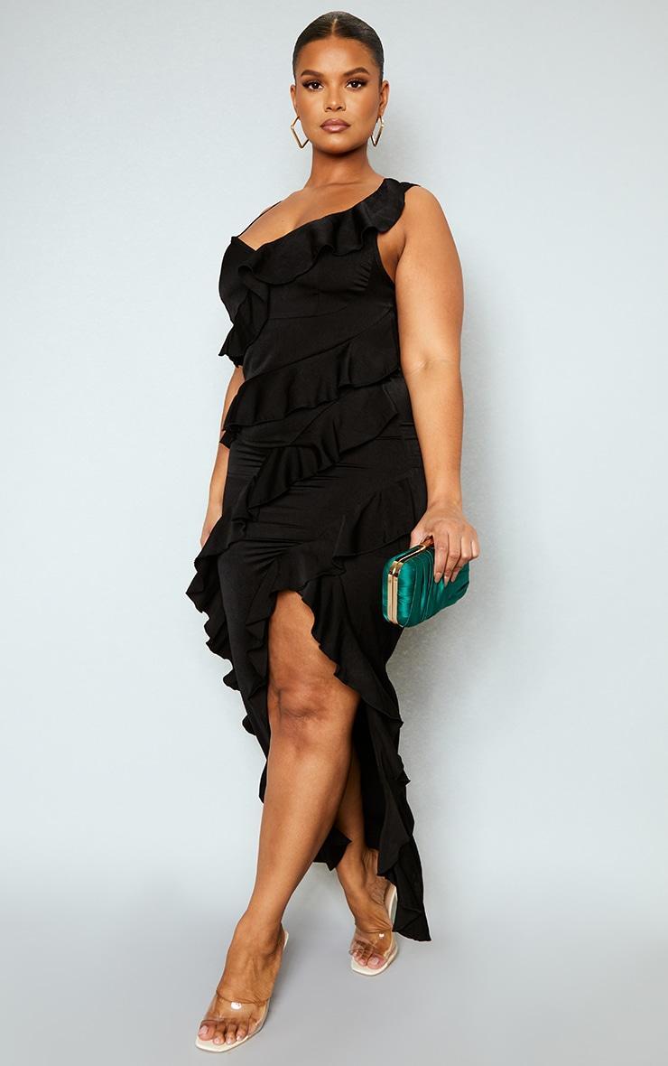 Plus Black Satin Frill Layered Maxi Dress Product Image