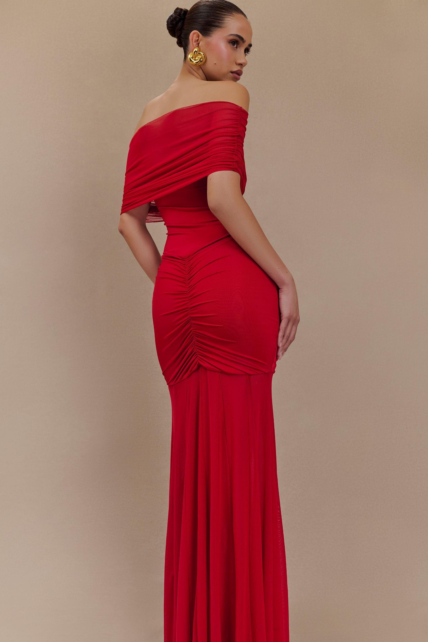 Caspian Slinky And Mesh Off Shoulder Maxi Dress - Ruby Product Image