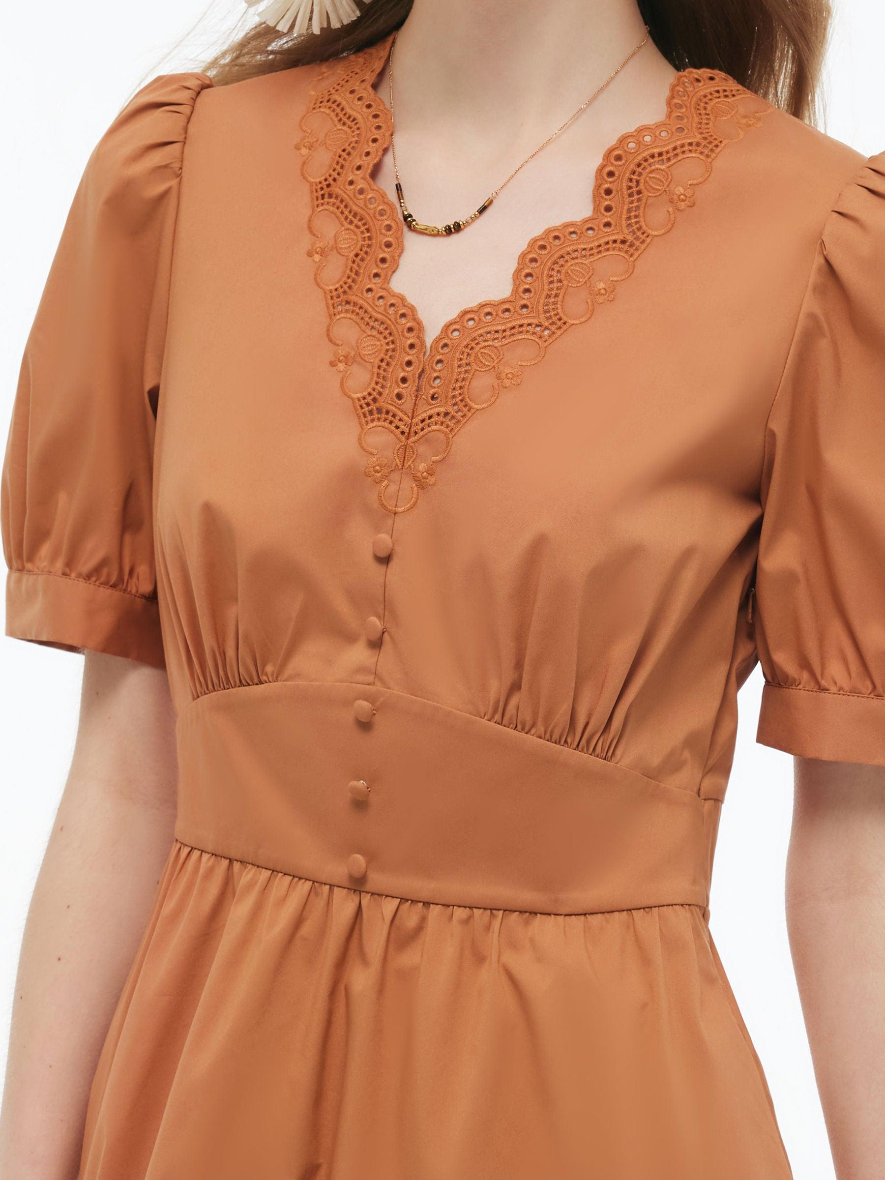 Embroidered Scallop Hem V-Neck Women Gathered Waist Maxi Dress Product Image