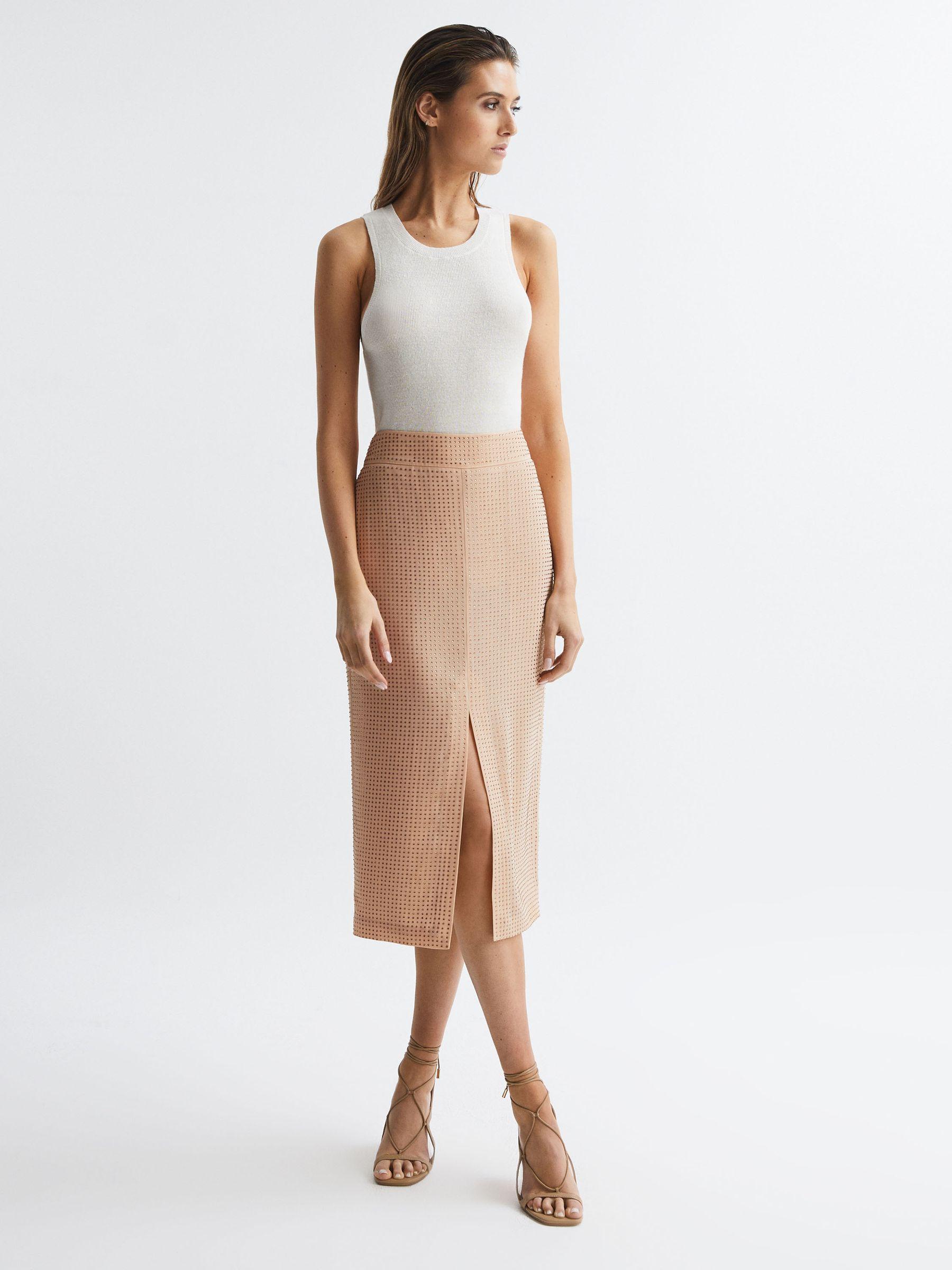 Embellished High Rise Midi Skirt in Nude Product Image