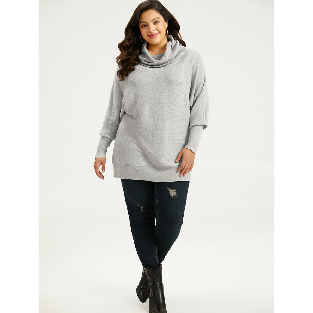 Plus Size Supersoft Essentials Lapel Collar Batwing Sleeve Pullover LightGray Women Casual Loose Long Sleeve Lapel Collar Dailywear Pullovers BloomChic 14-16/1X Product Image