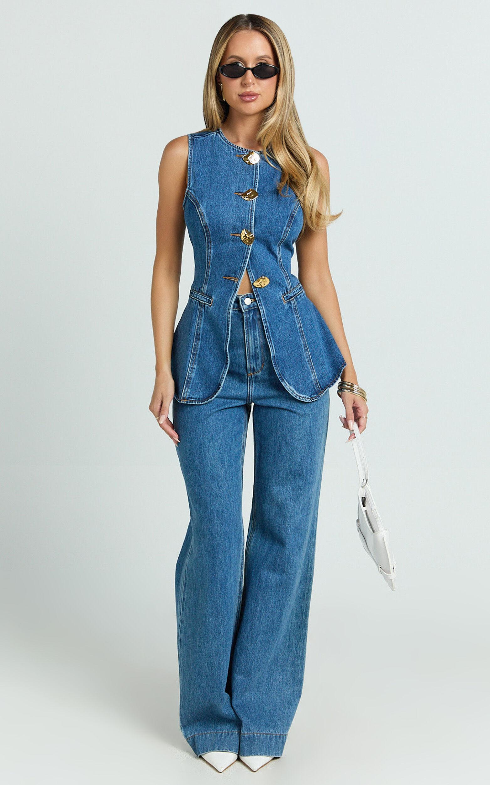 Rhianna Top - Button Down Longline Recycled Denim Vest Top in Dark Blue Wash Product Image