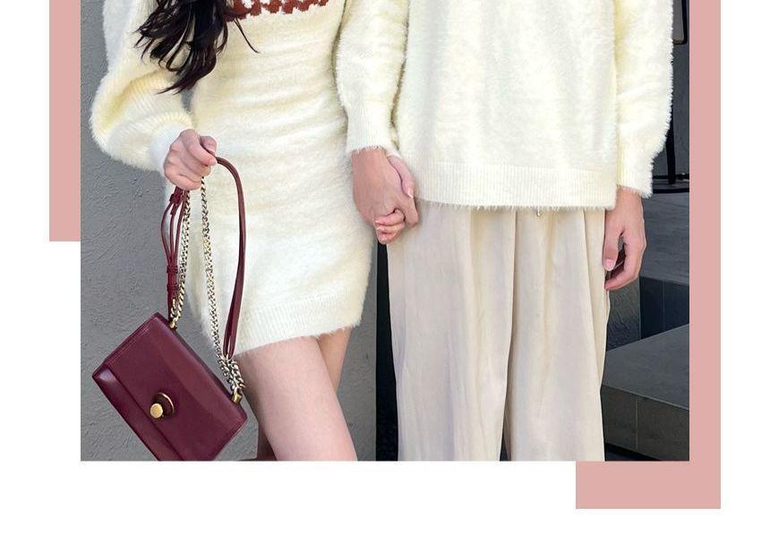 Couple Matching Fluffy Bolero Cardigan / Crew Neck Collared Lettering Mini Sheath Dress / Crew Neck Sweater Product Image