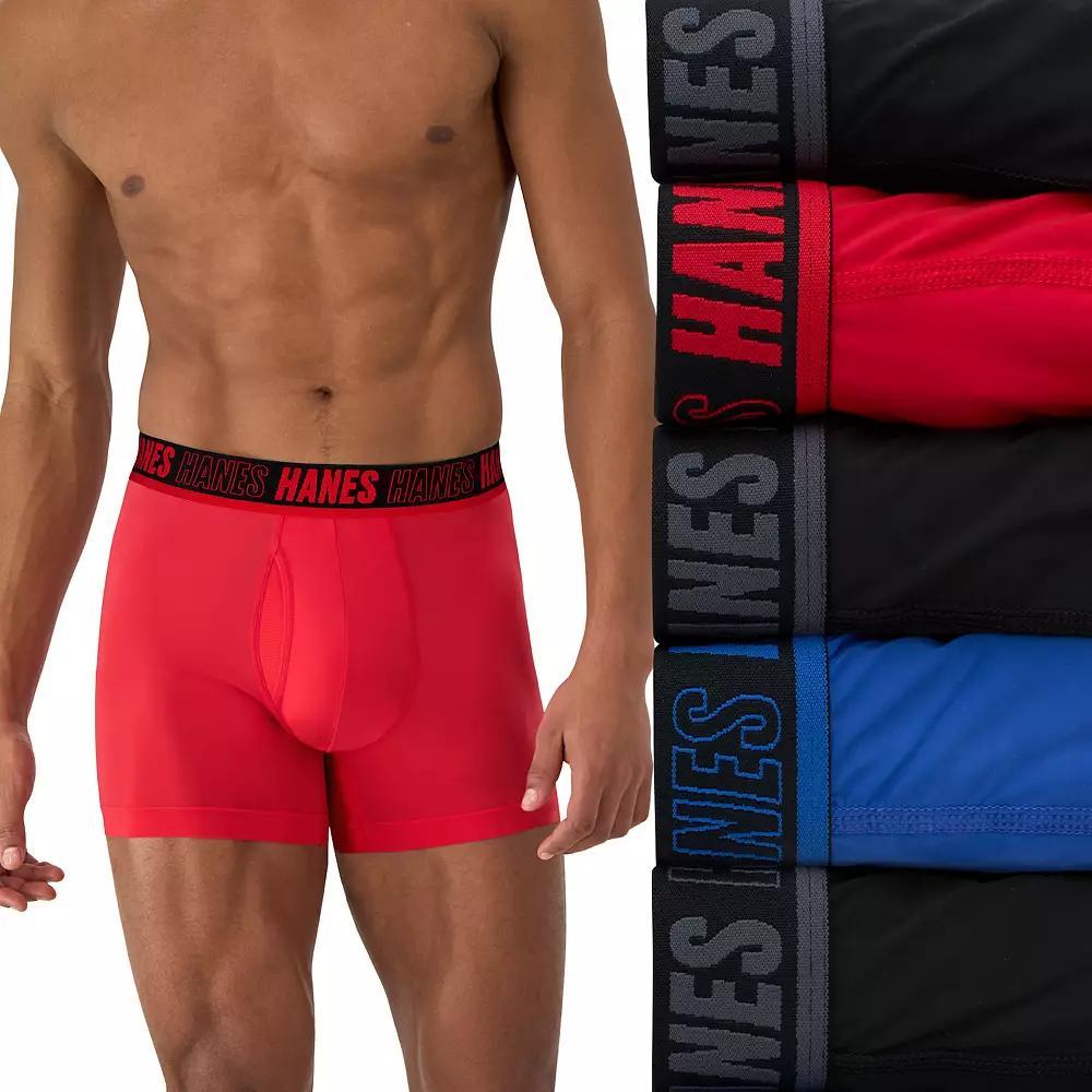 Hanes Moves Ultimate 4+1 Bonus Pack Men's Anti-Chafe Trunk Underwear Total Support Pouch X-Temp 4", Size: Medium, Black Red Blue Product Image