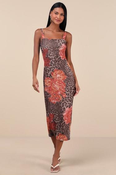 Palesa Brown Leopard Floral Print Mesh Midi Dress Product Image