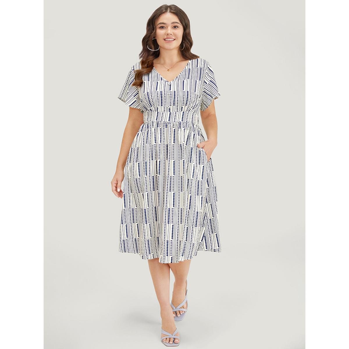 Plus Size Geometric Print Button Detail Pocket Ruffle Sleeve Dress Blue Women Elegant Elastic Waist V-neck Short sleeve Curvy Midi Dress BloomChic 10/M Product Image