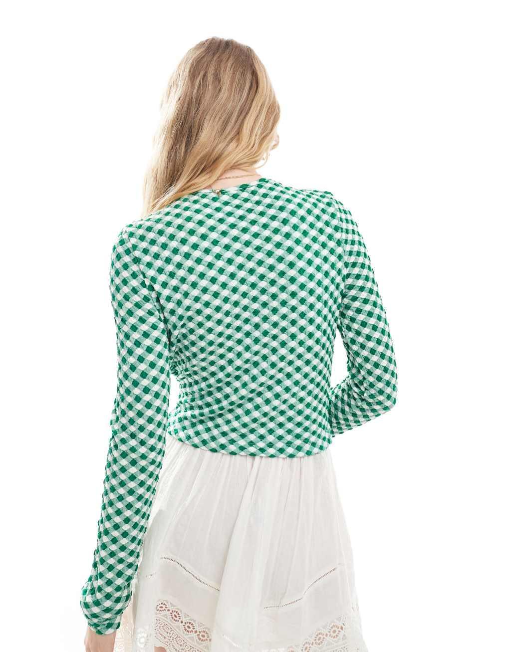 Neon Rose slinky gingham long sleeve keyhole top in green Product Image