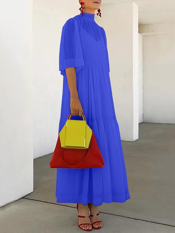 Loose Plus Size Solid Color Split-Joint Inner Dress + Mesh Pleated Mock Neck Outer Dress Two Pieces Set Product Image