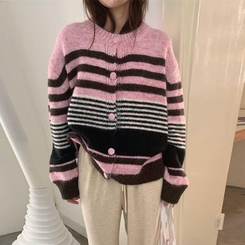 Round Neck Striped Cardigan Product Image