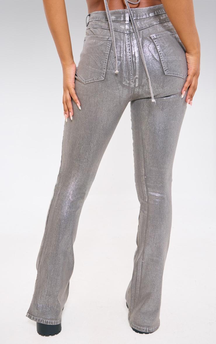 Silver Metallic Foil Effect Flared Jeans Product Image