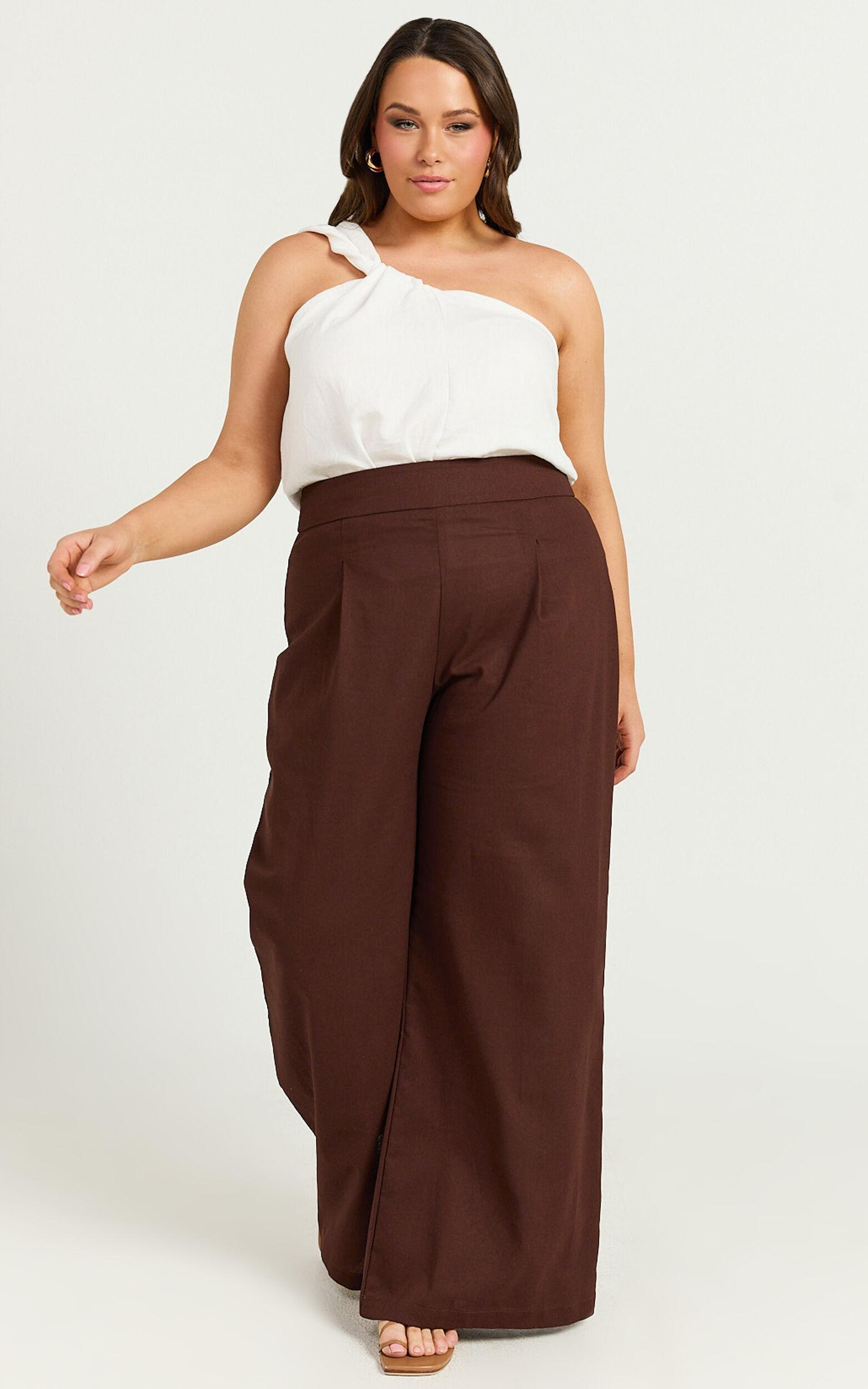 Alina Pants - Linen High Waisted Wide Leg Relaxed Pants in Chocolate Product Image