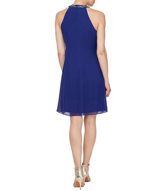 Ignite Evenings Beaded Braid Sleeveless Halter Neck Chiffon Ruffle Front Dress Product Image