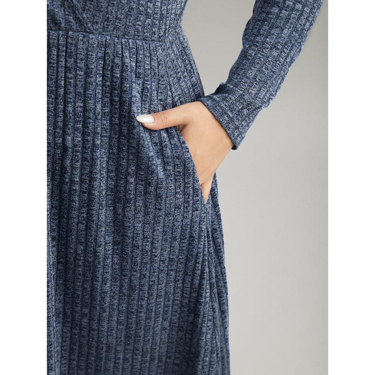 Plus Size Solid Rib Knit Overlap Collar Pocket Dress Indigo Women Casual Texture Overlap Collar Long Sleeve Curvy Midi Dress BloomChic 14-16/1X Product Image