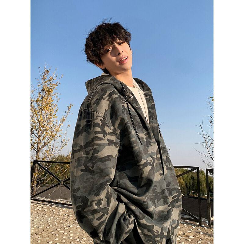 Drop Shoulder Hooded Washed Denim Shirt Jacket Product Image