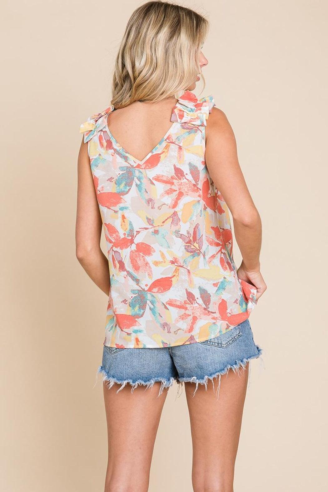 V Neck Sleeveless Ruffled Printed Top Product Image