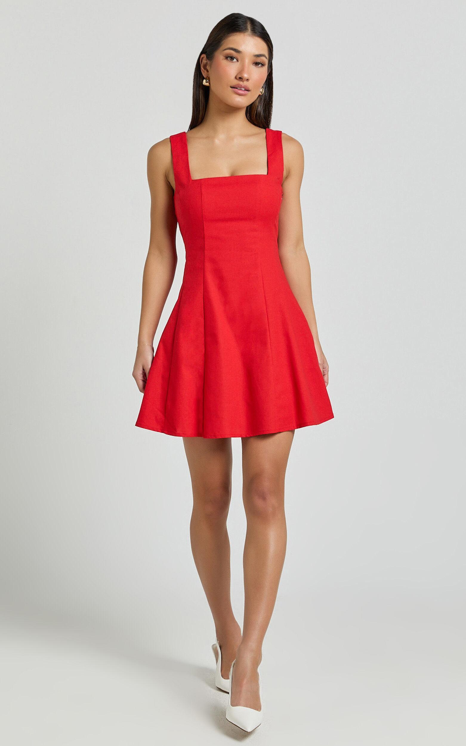 Adiana Mini Dress - Linen Square Neck Shirred Back A Line Dress in Red Product Image