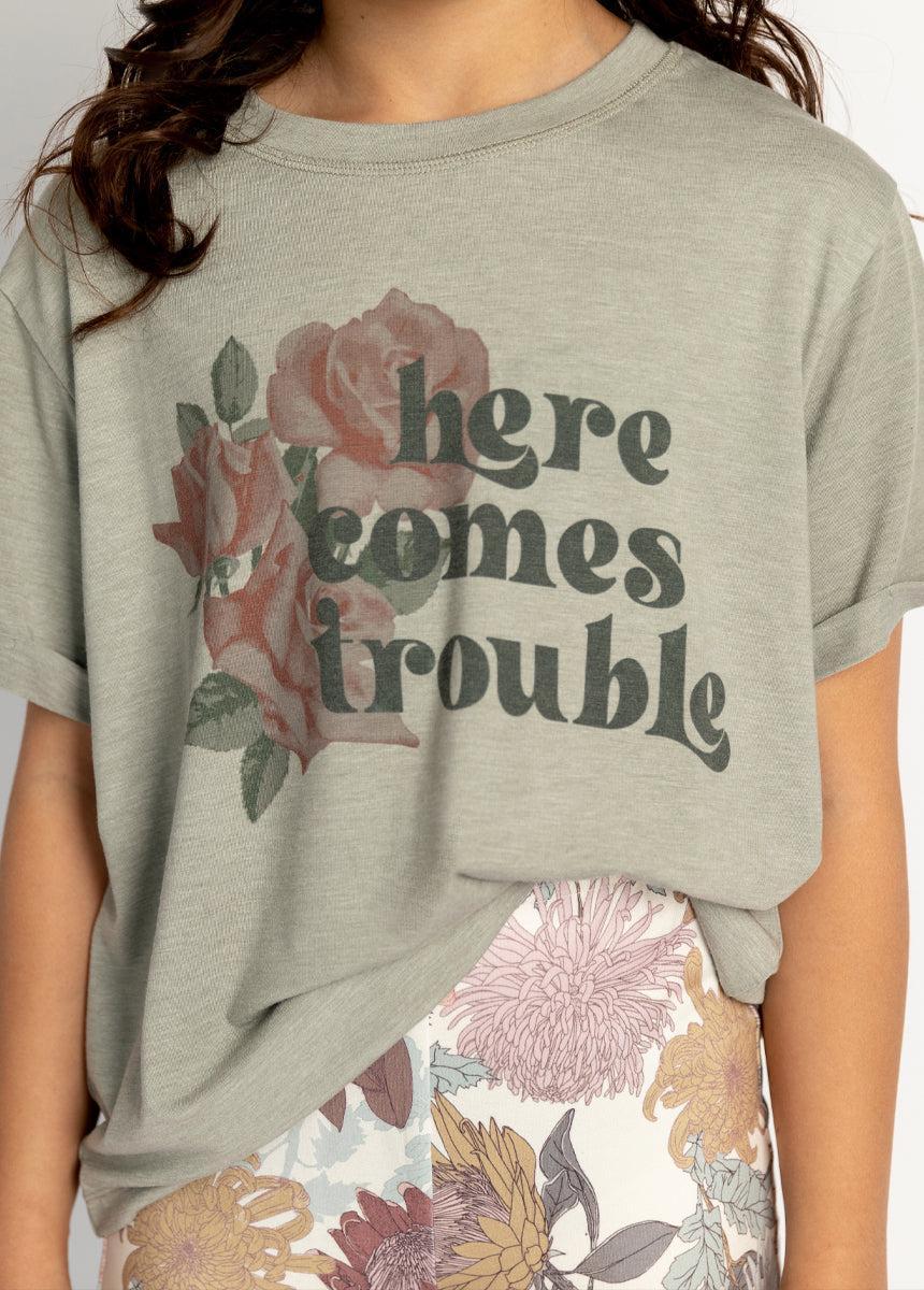 Here Comes Trouble Tee in Olive Ash Product Image