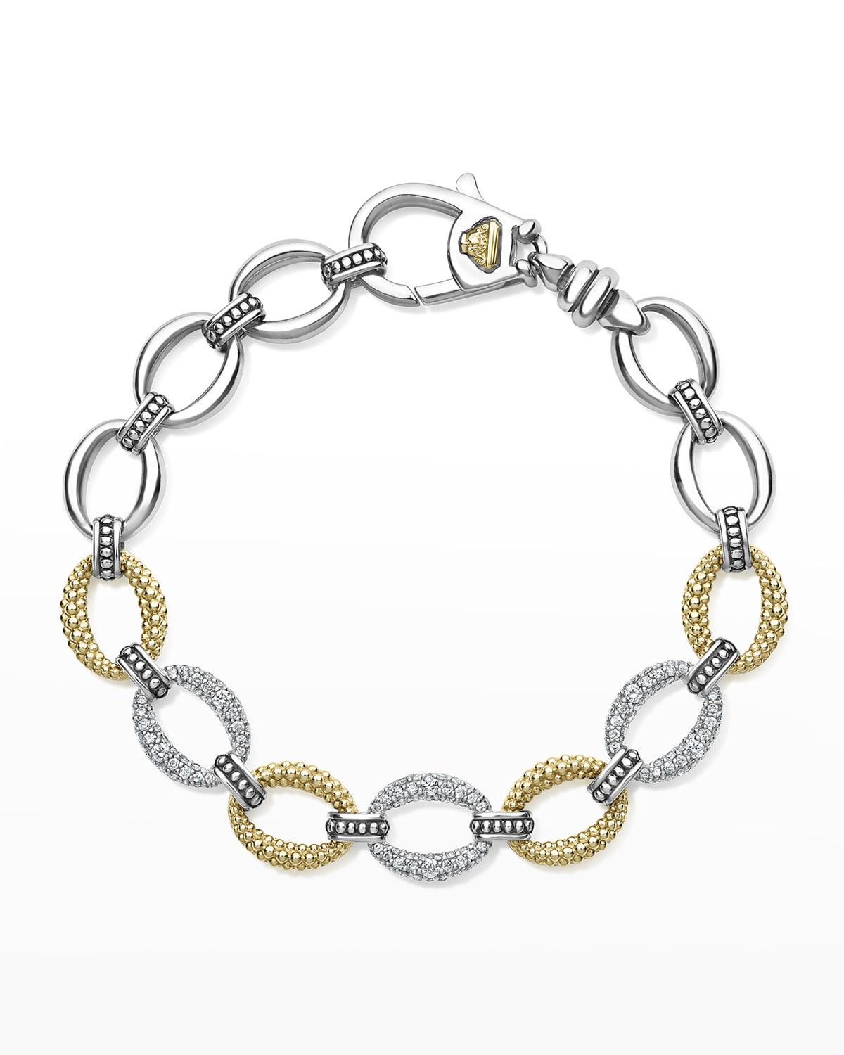 Caviar Lux Two-Tone Three Pave Diamond Station Oval Link Bracelet Product Image