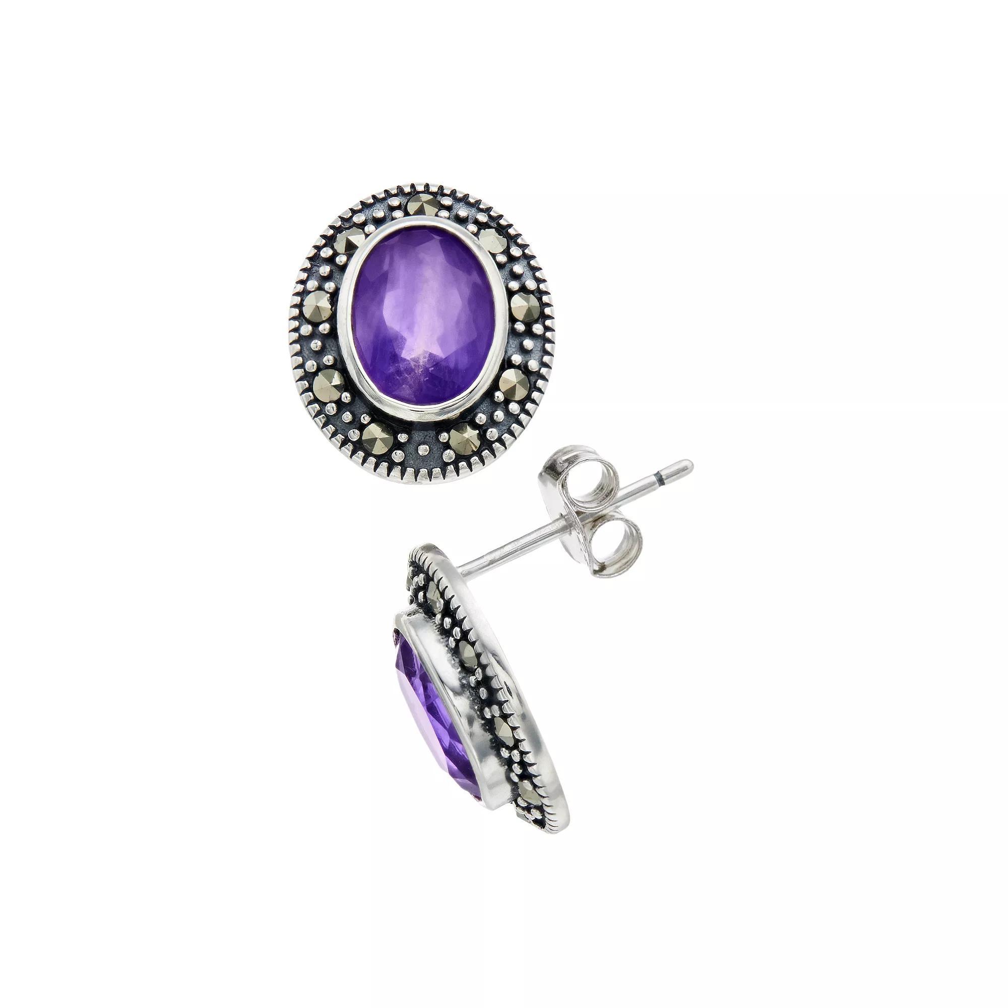 Tori Hill Sterling Silver Amethyst & Marcasite Stud Earrings, Women's Product Image
