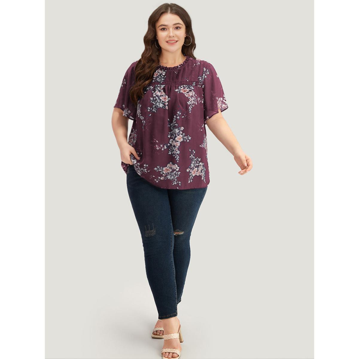 Plus Size Burgundy Floral Print Frill Trim Shirred Flutter Sleeve Blouse Women Elegant Short sleeve Round Neck Dailywear Blouses BloomChic 30/6X Product Image